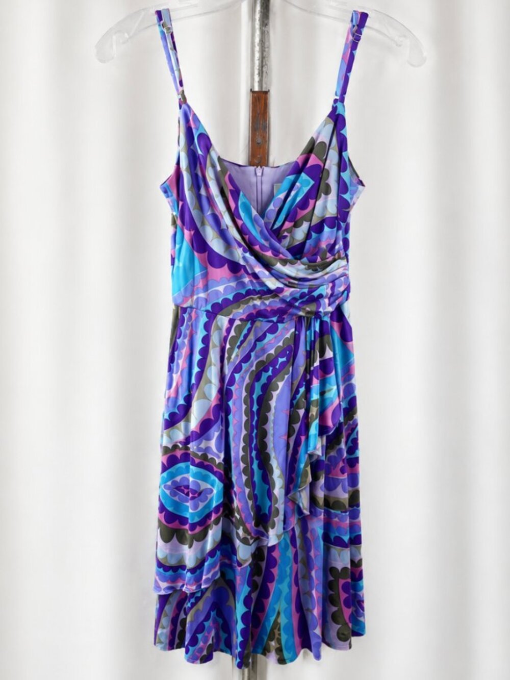 Trina Turk Purple + Blue Silk Geometric Print Sleeveless Ruched Mini Dress - 2